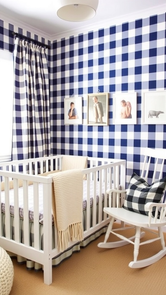 A nursery featuring gingham and checkered walls with dinosaur decals.
