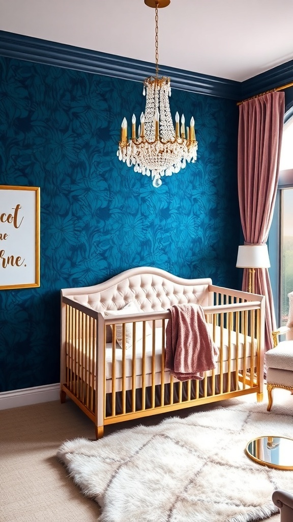 A stylish baby boy nursery featuring a green wall with dinosaur decals, a white crib, and cozy decor.