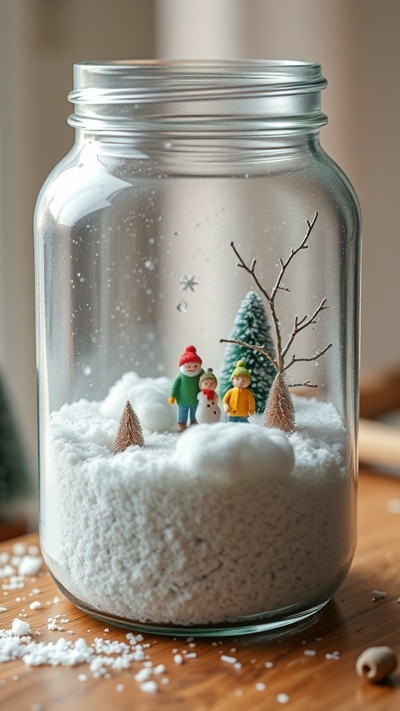 A winter wonderland scene in a jar featuring miniature figures and trees on a snowy base.