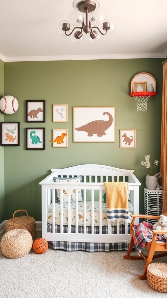 A sports-themed nursery featuring a crib, framed dinosaur art, and a mini basketball hoop.