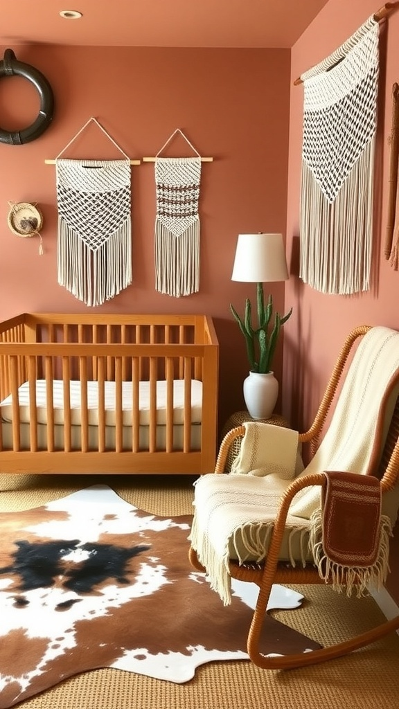 A stylish baby boy nursery featuring a crib, animal-themed wall art, and a cozy cowhide rug.