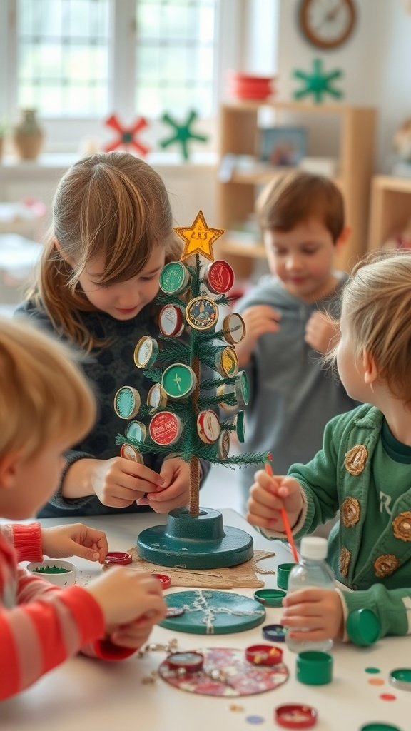 Kids making recycled Christmas tree decorations with bottle caps and cardboard.