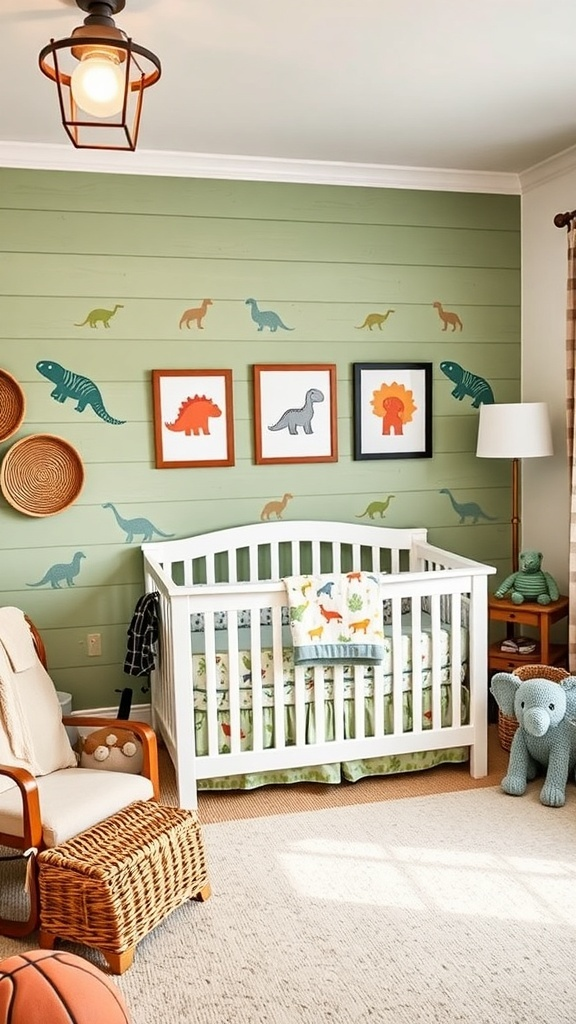 A baby boy nursery with a safari and jungle theme featuring animal prints and soft greens.