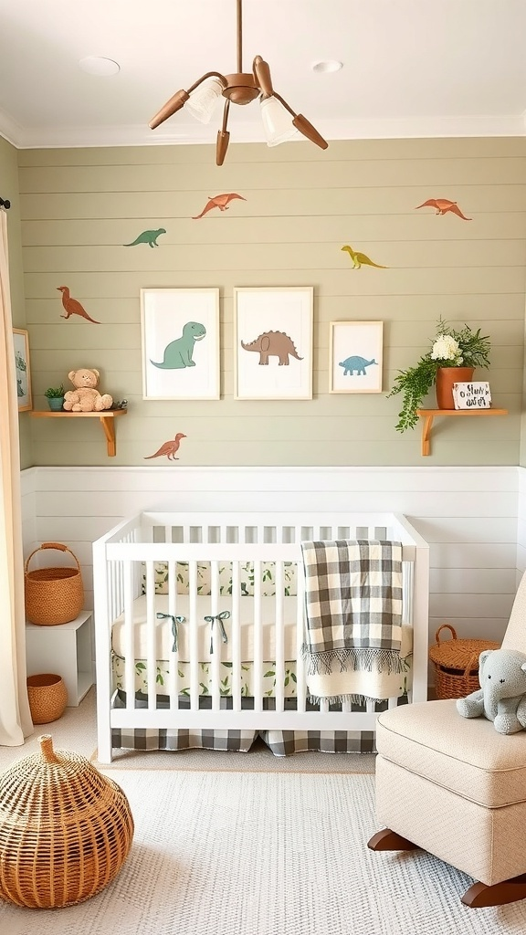 A minimalist baby boy nursery featuring neutral tones and playful dinosaur wall art.