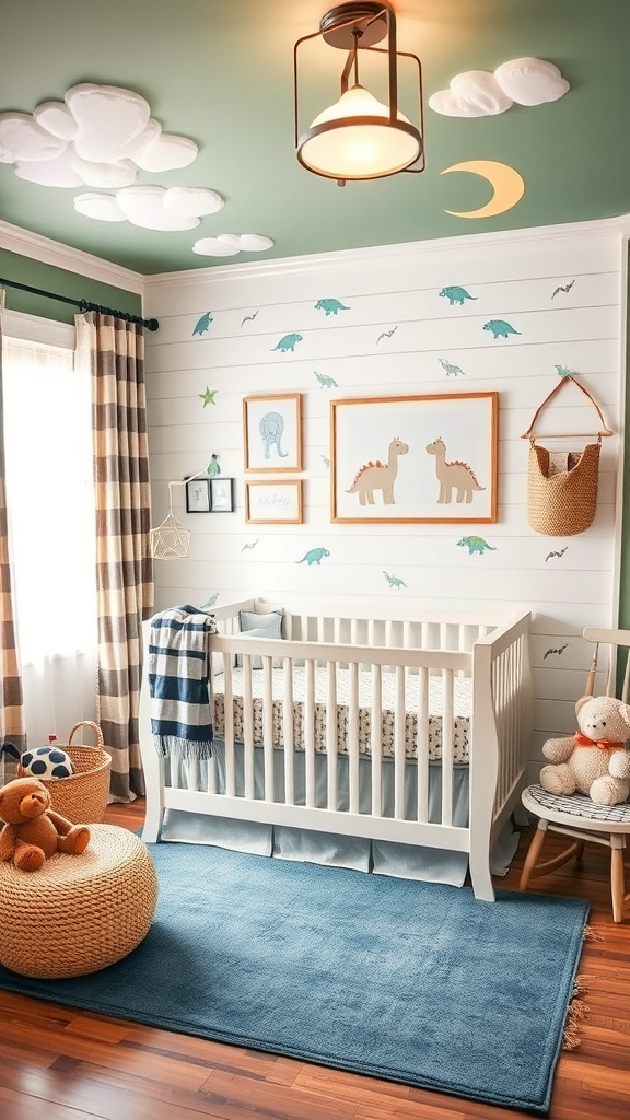 A cozy baby boy nursery featuring cloud and sky themes with a crib, soft rug, and playful decorations.