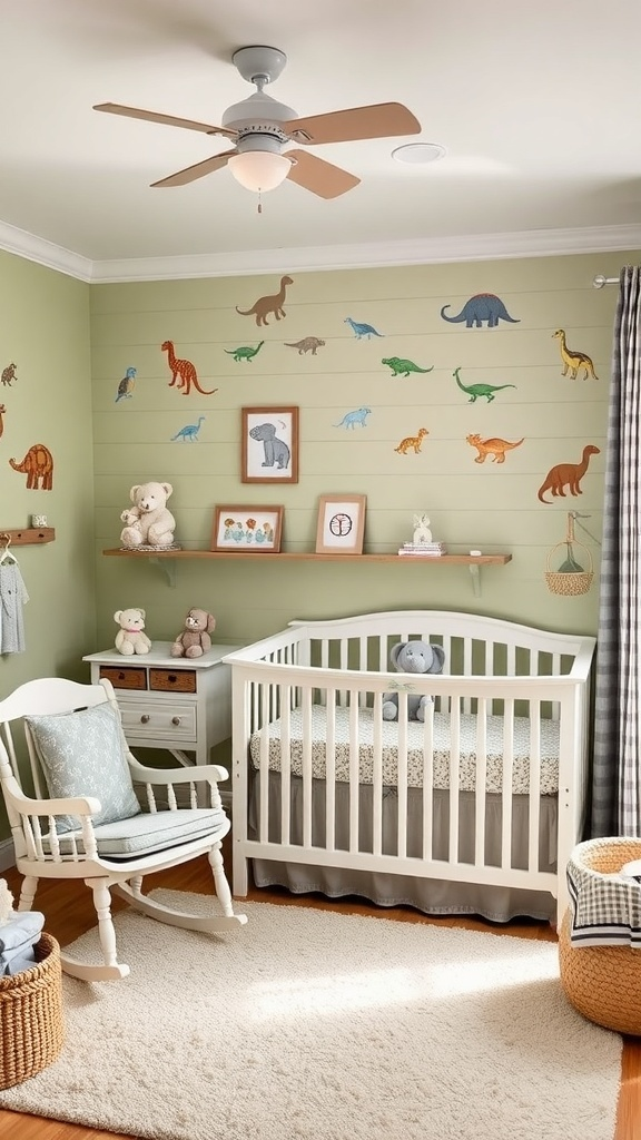 A cozy nursery with cream and gray colors, featuring a crib, rocking chair, and dinosaur wall decals.