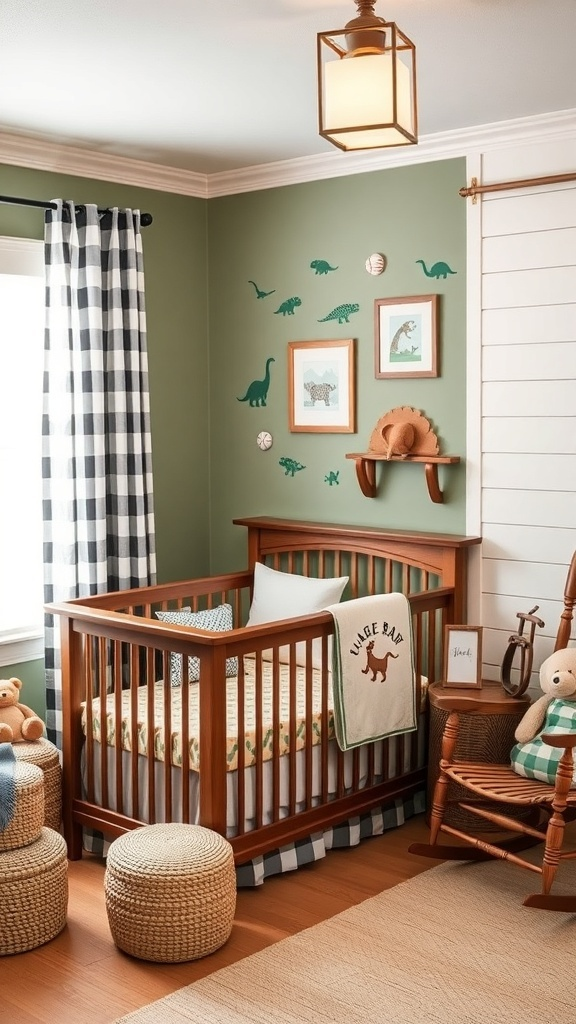 A cozy baby boy nursery featuring a wooden crib, dinosaur wall art, and neutral colors.