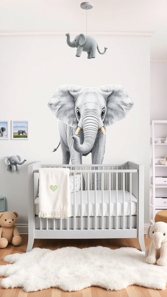 A cozy elephant-themed nursery for a baby boy with a crib, toys, and animal decorations.
