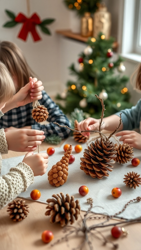 Children making DIY Christmas ornaments with natural materials like pine cones and twigs.