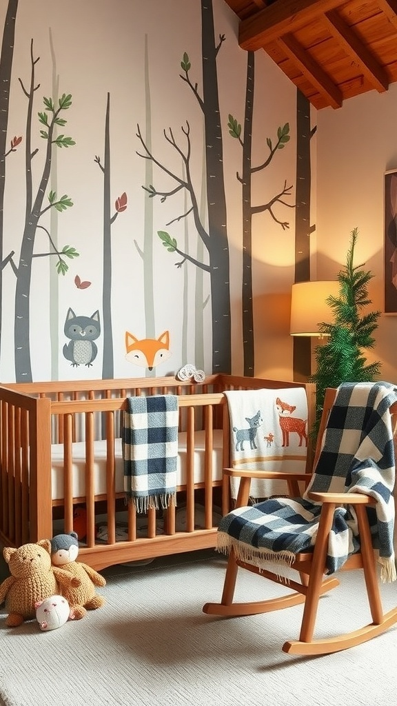 A cozy baby boy nursery with a woodland forest theme, featuring animal prints and soft colors.