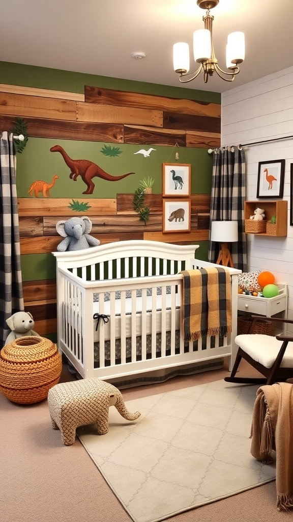 A rustic cabin style nursery featuring a crib, wooden wall decor, and animal-themed accents.