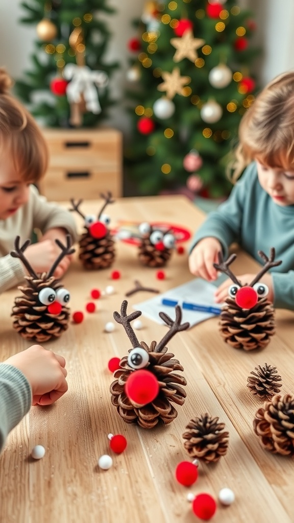 Children making pinecone reindeer crafts for Christmas