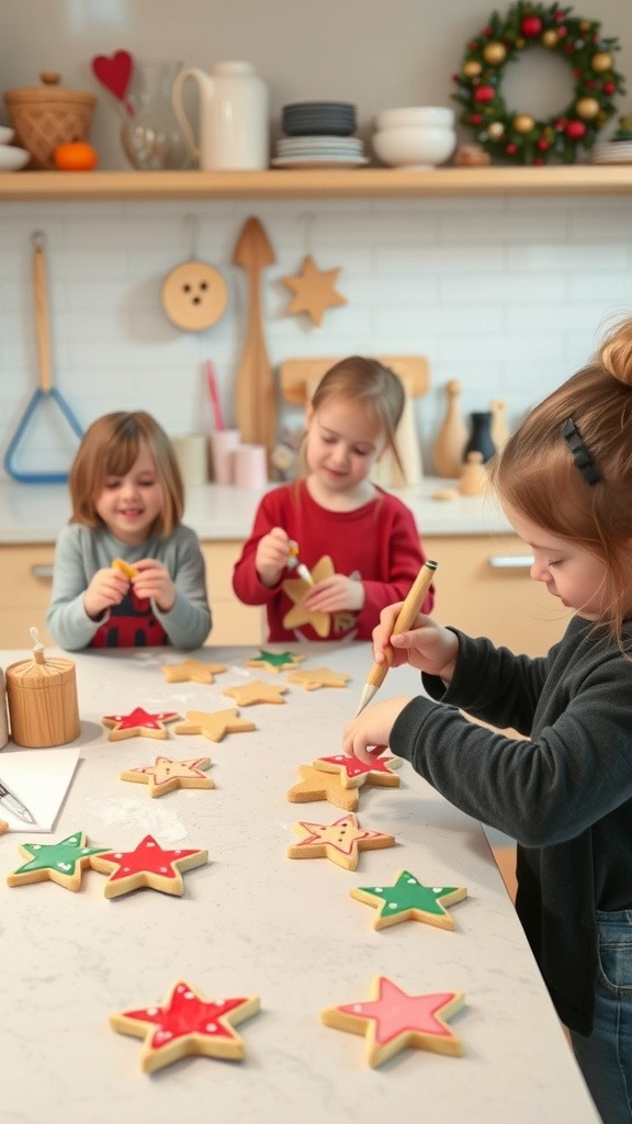 Kids decorating star-shaped salt dough ornaments at a table