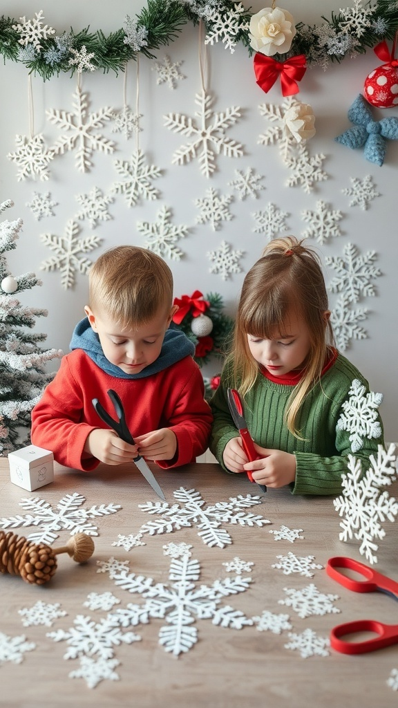 Children making paper snowflakes for Christmas crafts