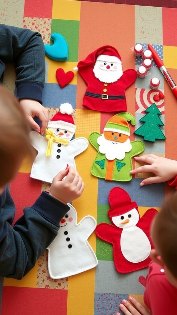 Colorful felt finger puppets including a snowman, Santa, and a chick, displayed on a festive background.