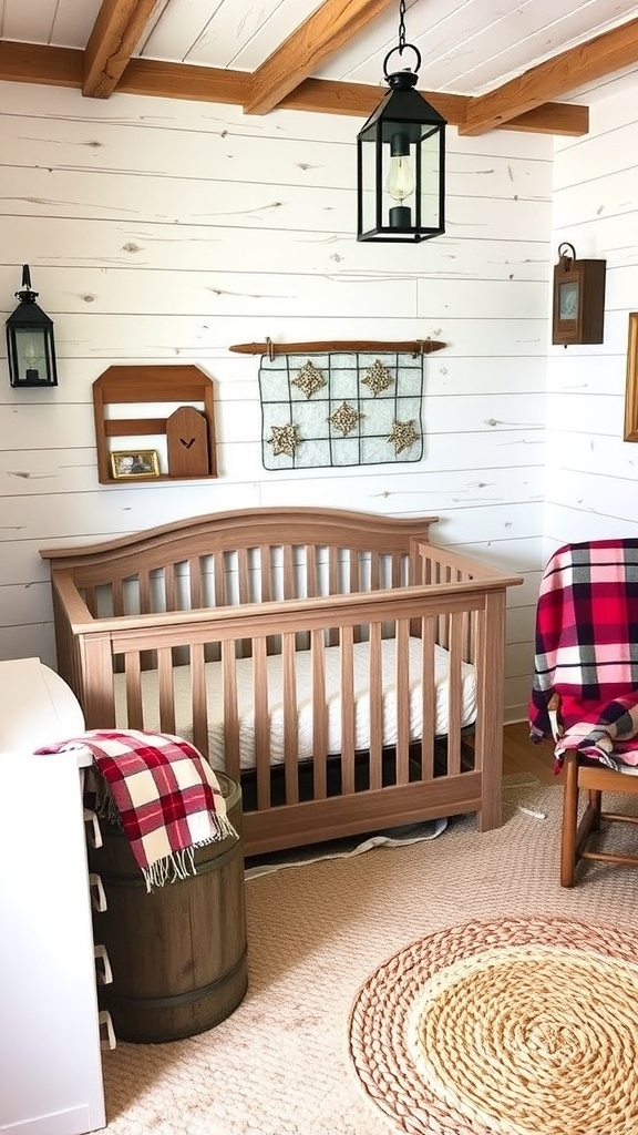 A cozy baby boy nursery featuring a crib, farmhouse accent wall with decor, and playful elements.