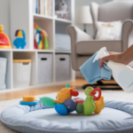Bright, clean nursery scene with colorful baby toys neatly arranged on shelves and a soft play mat. A parent’s hand gently sanitizing a toy with a spray bottle and microfiber cloth.