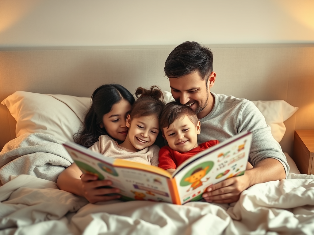 Dad reading to kids in bed