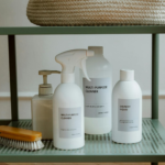 bottles of cleaning products standing on metal shelf