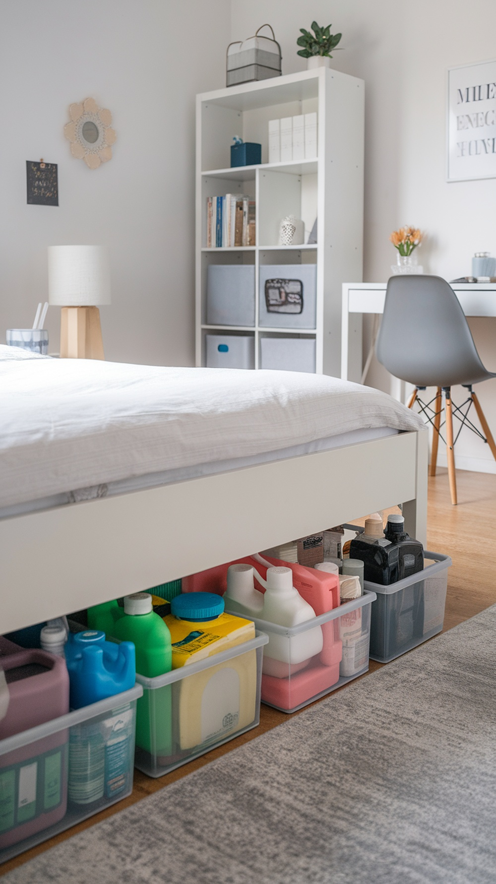 Under-bed storage with clear bins filled with cleaning supplies