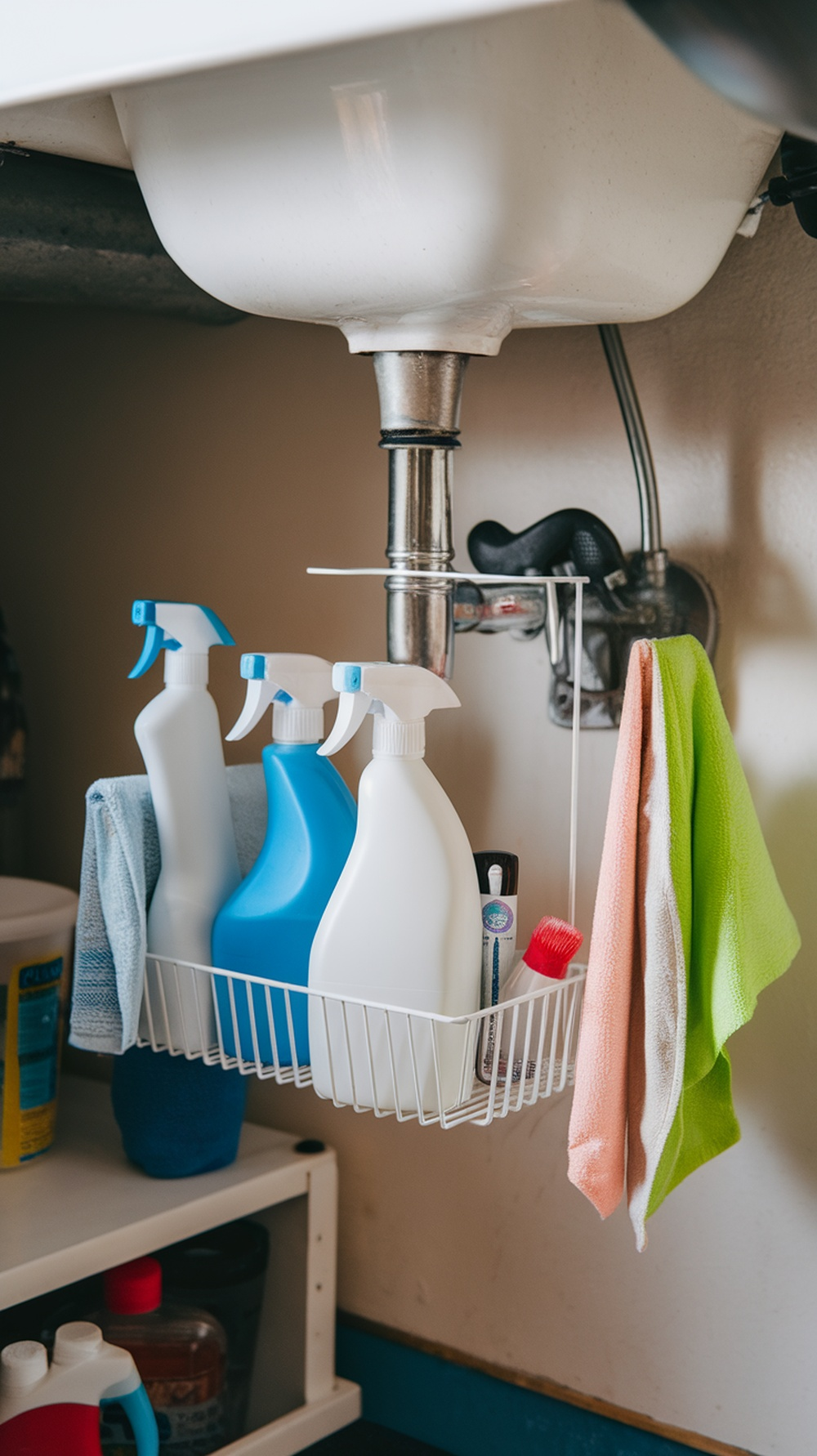 Under-sink storage with tension rods holding cleaning supplies and cloths.