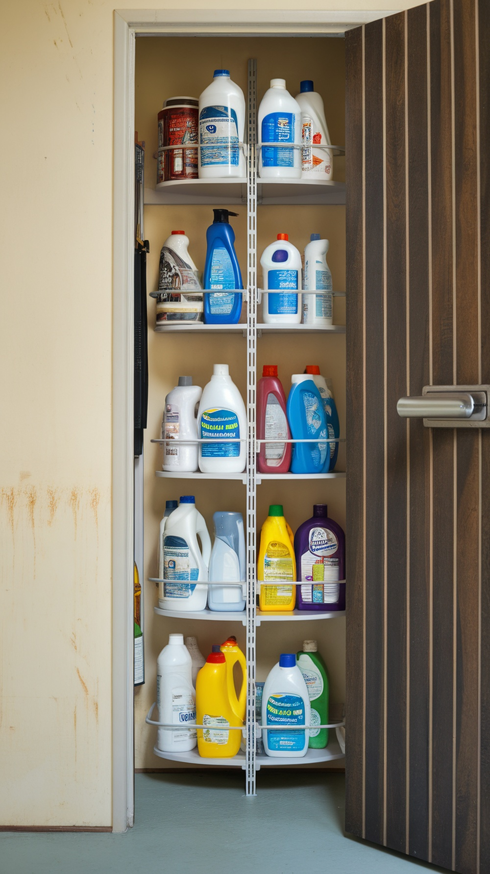 Organized vertical shelving unit with cleaning supplies in a closet.