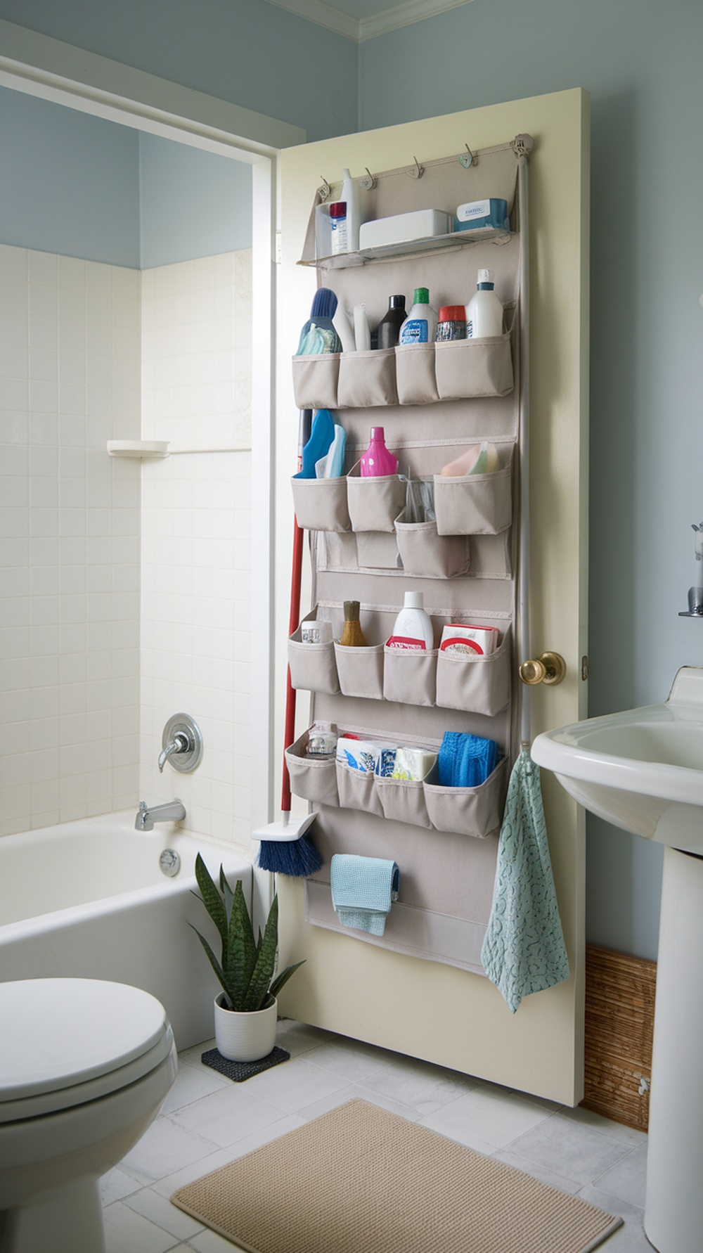 An over-the-door organizer filled with cleaning supplies in a bathroom.